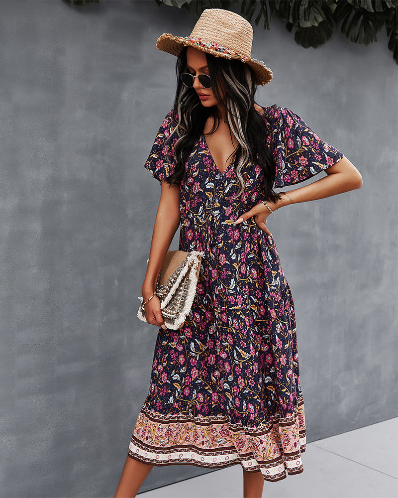 Short Sleeve Floral V Neck Midi Dress