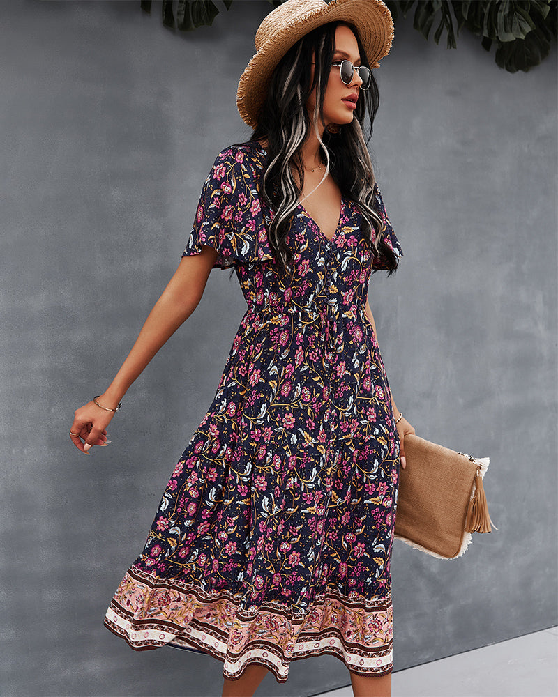 Short Sleeve Floral V Neck Midi Dress