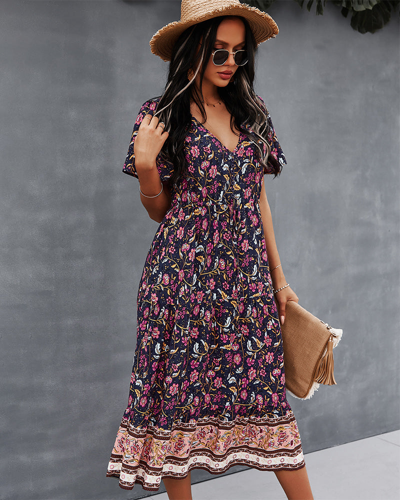 Short Sleeve Floral V Neck Midi Dress