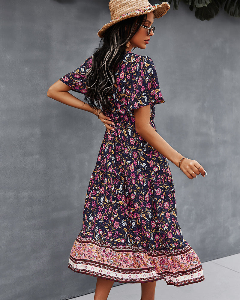 Short Sleeve Floral V Neck Midi Dress