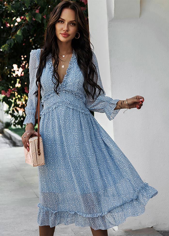 Printed V Neck Long Sleeve Dress