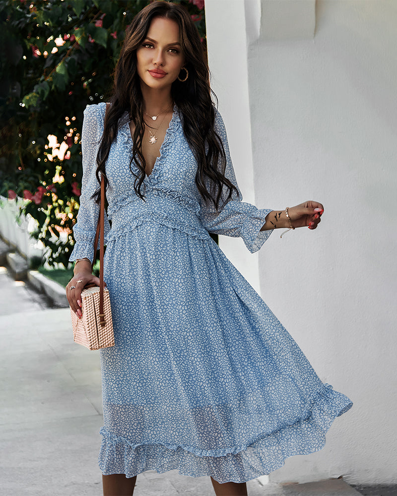 Deep V Neck Floral Long Sleeve Ruffle Hem Maxi Dress