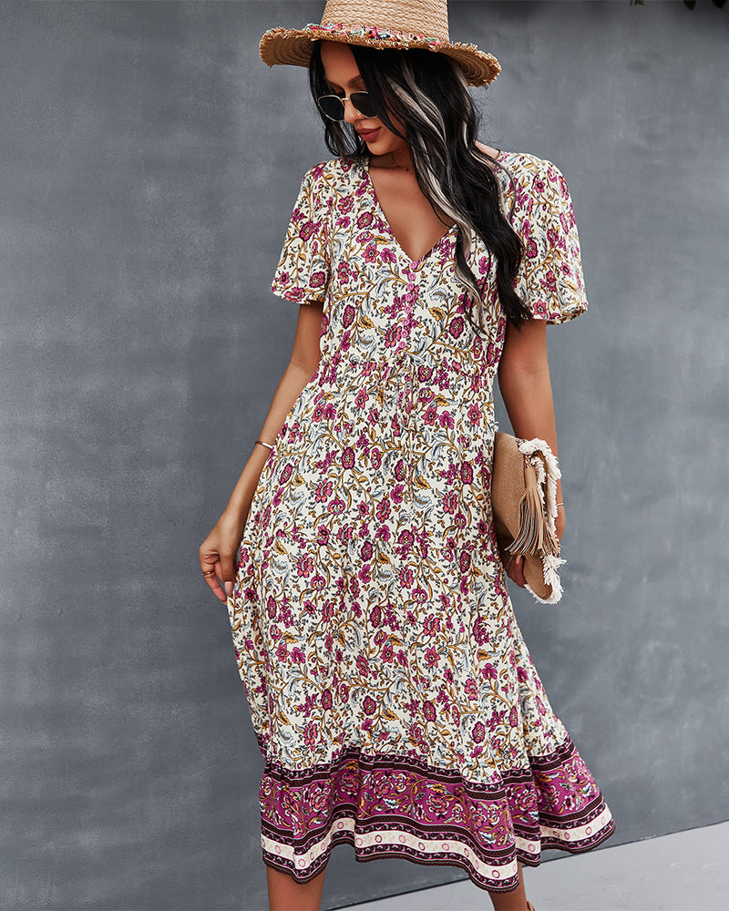 Short Sleeve Floral V Neck Midi Dress