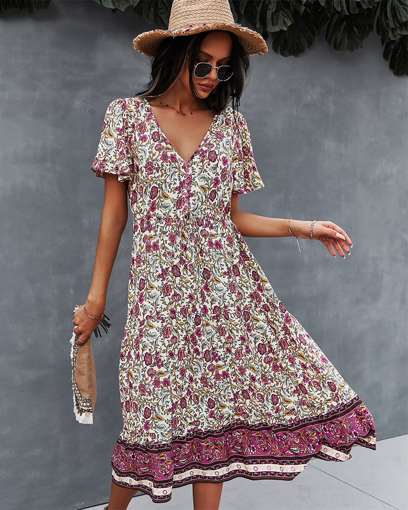 Short Sleeve Floral V Neck Midi Dress