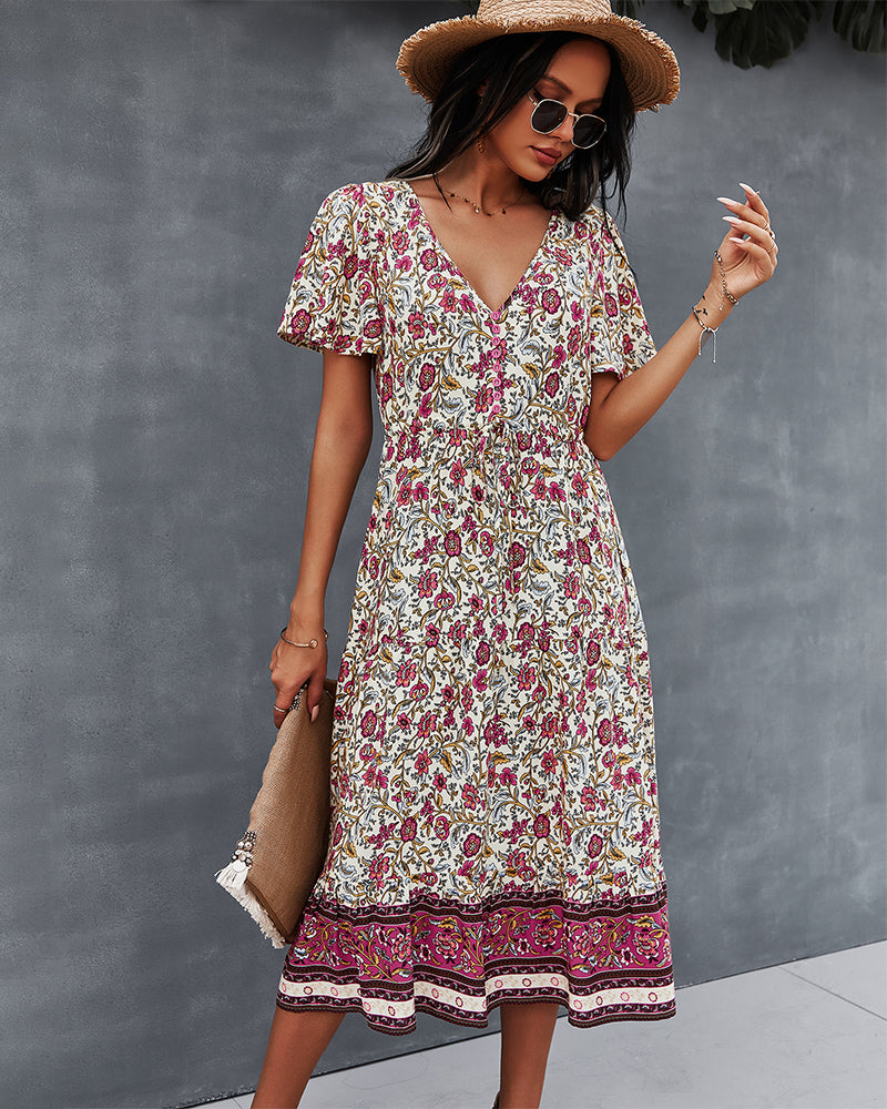 Short Sleeve Floral V Neck Midi Dress