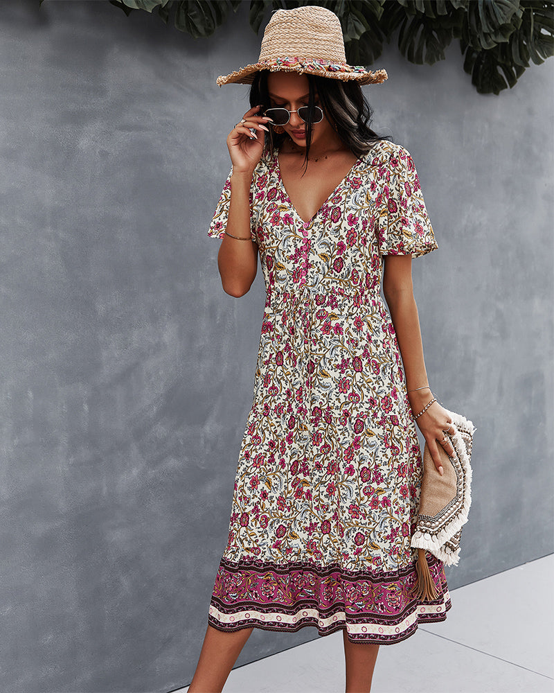 Short Sleeve Floral V Neck Midi Dress