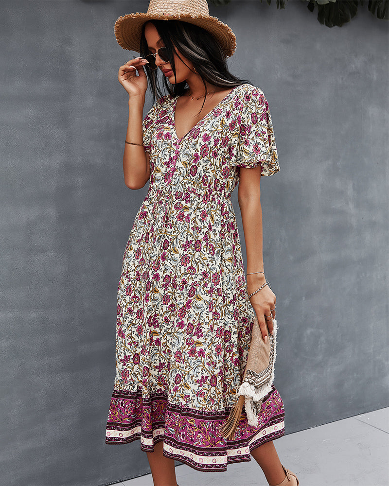 Short Sleeve Floral V Neck Midi Dress