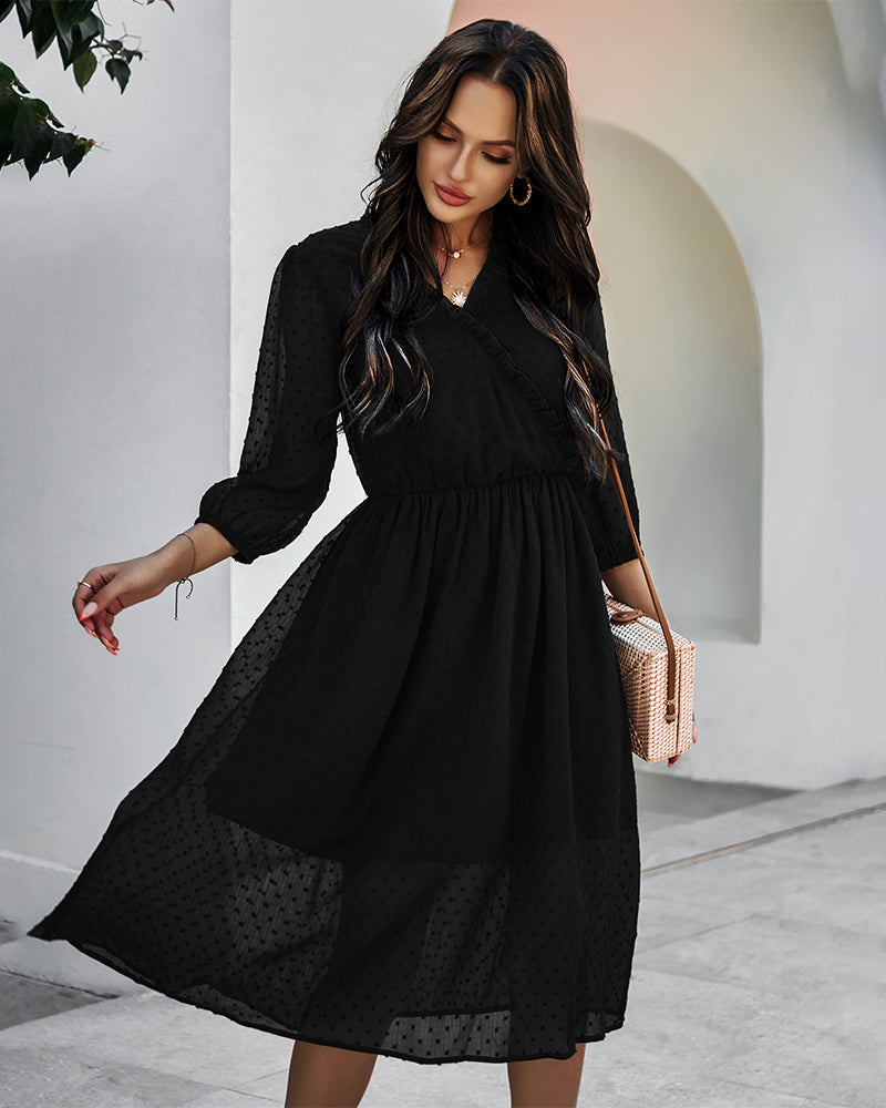 V Neck 3/4 Sleeve Polka Dot Dress Ruffle Irregular Hem