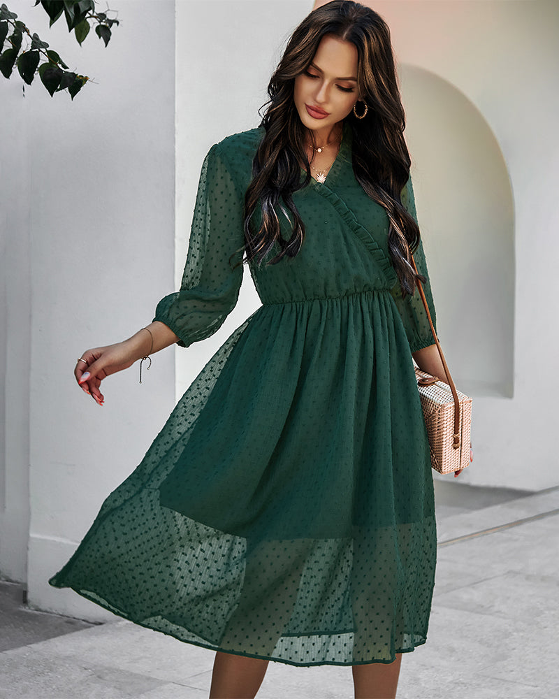 V Neck 3/4 Sleeve Polka Dot Dress Ruffle Irregular Hem