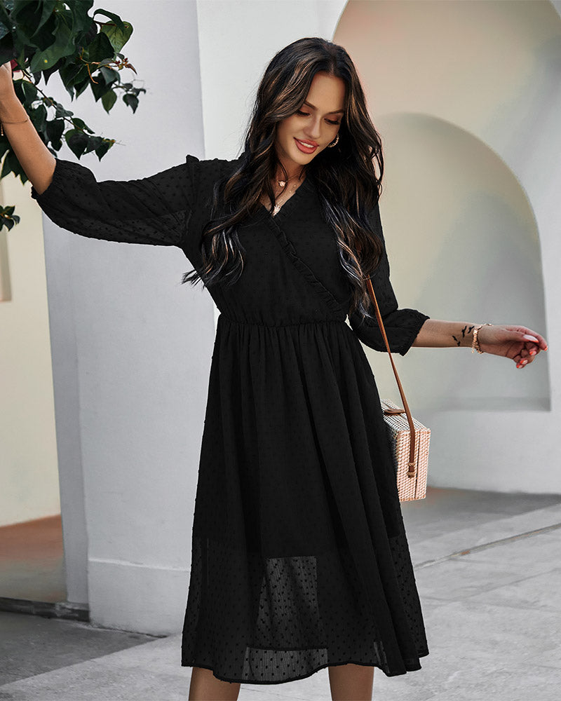 V Neck 3/4 Sleeve Polka Dot Dress Ruffle Irregular Hem