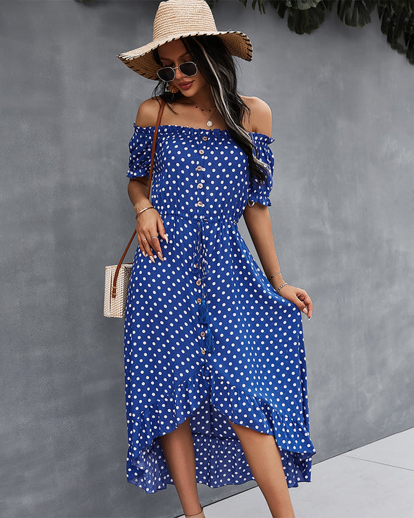 Off Shoulder Polka Dot Button Down Maxi Dress