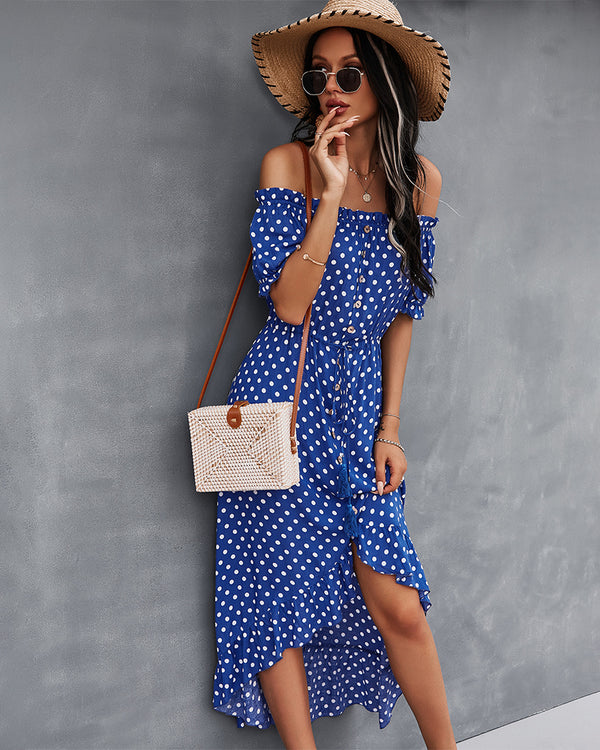 Off Shoulder Polka Dot Button Down Maxi Dress