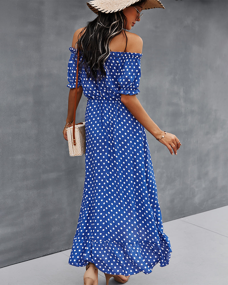 Off Shoulder Polka Dot Button Down Maxi Dress