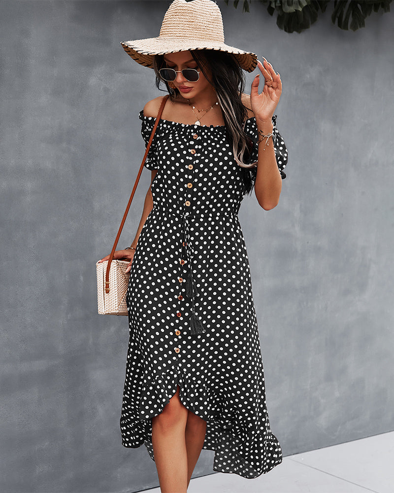 Off Shoulder Polka Dot Button Down Maxi Dress