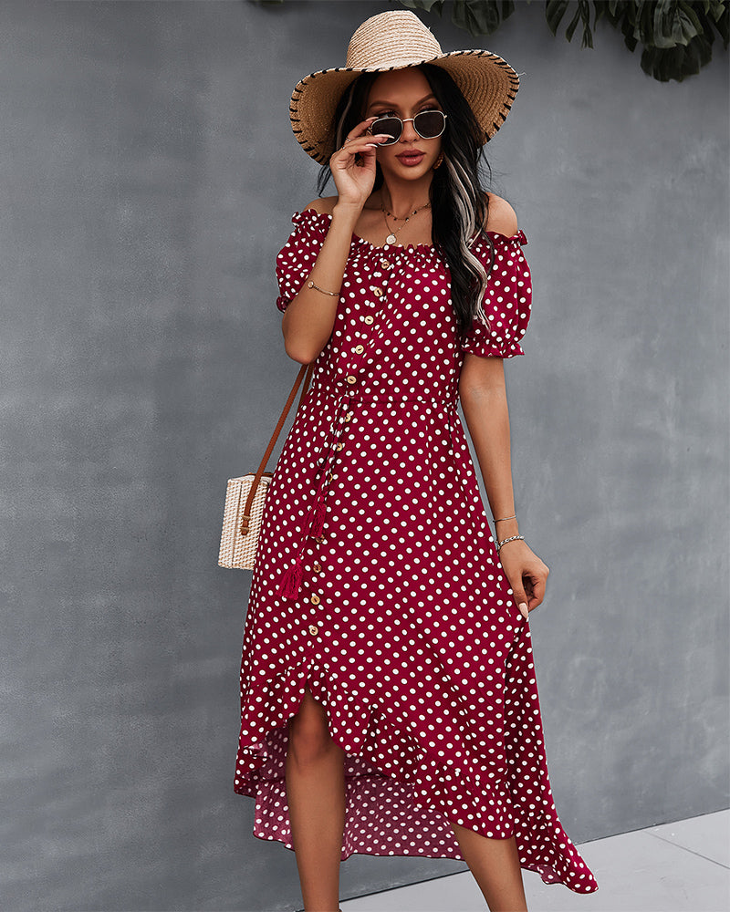 Off Shoulder Polka Dot Button Down Maxi Dress