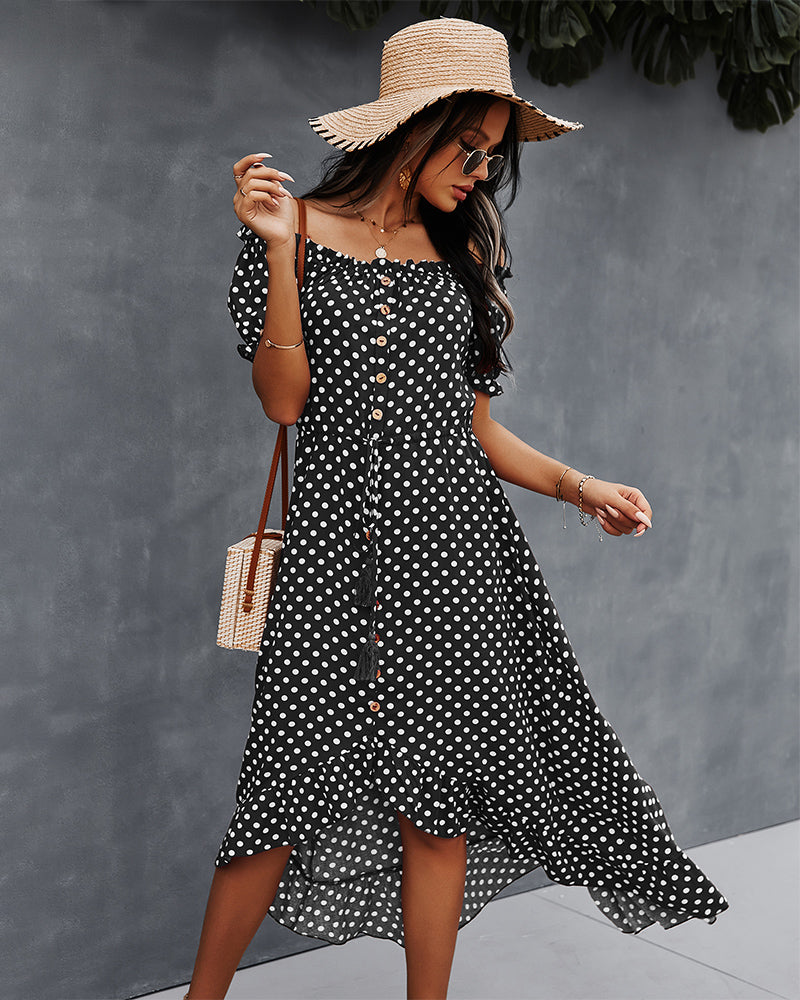 Off Shoulder Polka Dot Button Down Maxi Dress