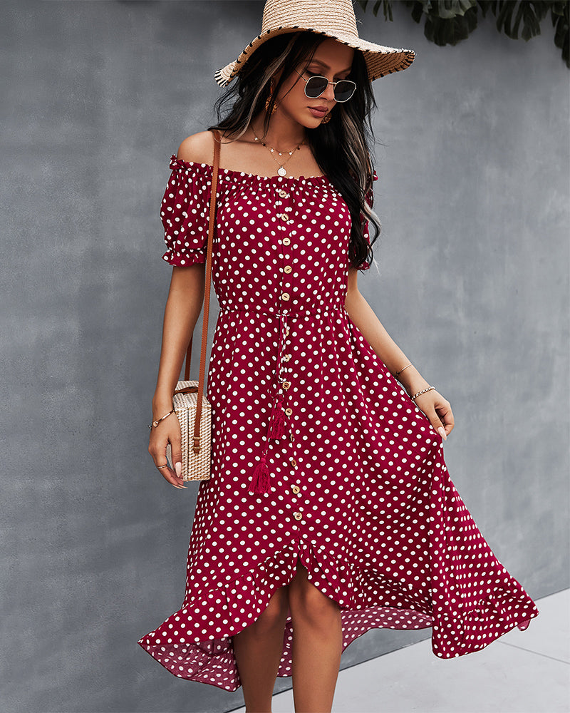 Off Shoulder Polka Dot Button Down Maxi Dress