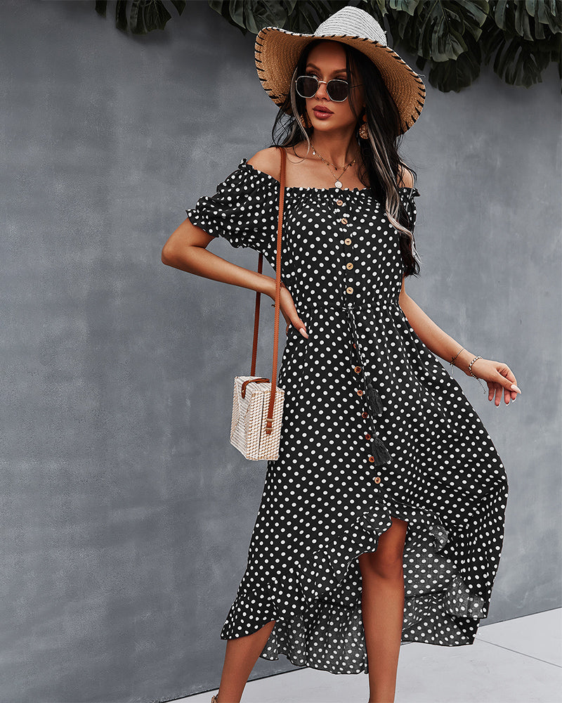 Off Shoulder Polka Dot Button Down Maxi Dress