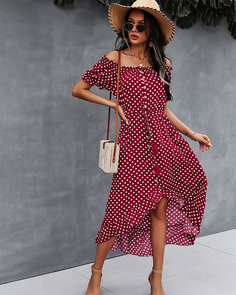 Off Shoulder Polka Dot Button Down Maxi Dress