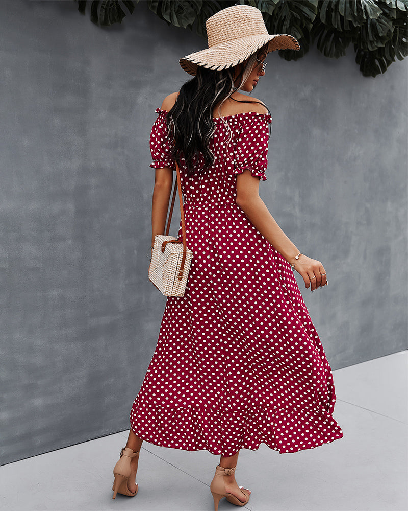 Off Shoulder Polka Dot Button Down Maxi Dress