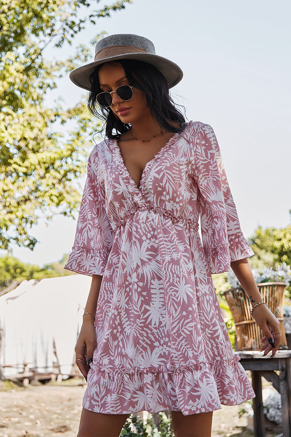 Short Sleeve Floral Deep V Neck Ruffle Dress