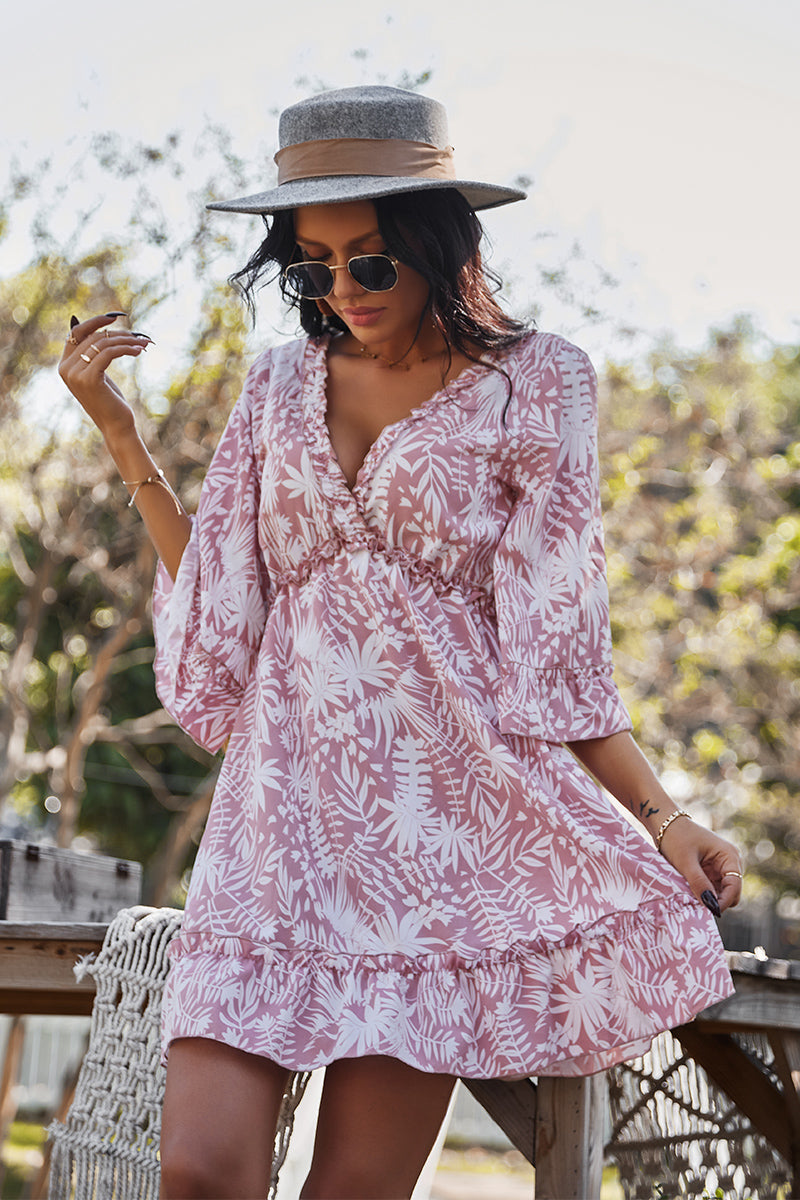 Short Sleeve Floral Deep V Neck Ruffle Dress