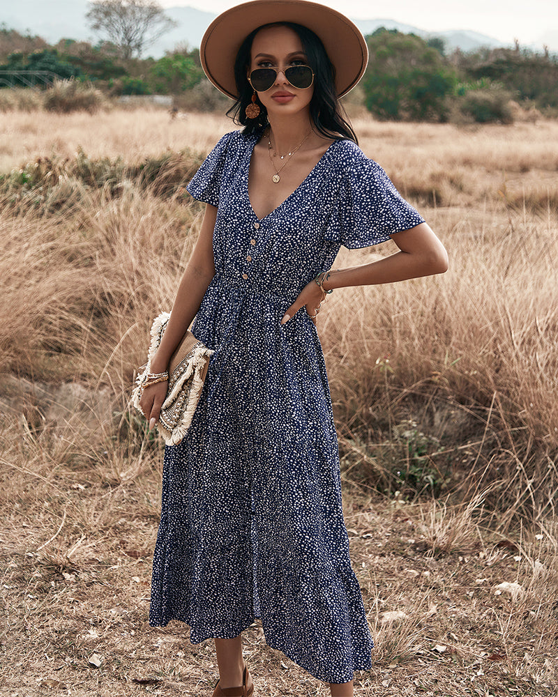 Polka Dot V Neck Side Split Button Up Midi Dress