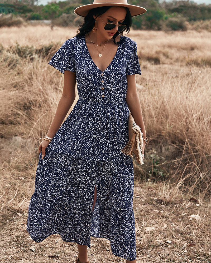 Polka Dot V Neck Side Split Button Up Midi Dress