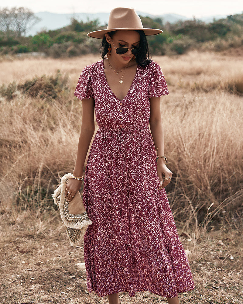 Polka Dot V Neck Side Split Button Up Midi Dress