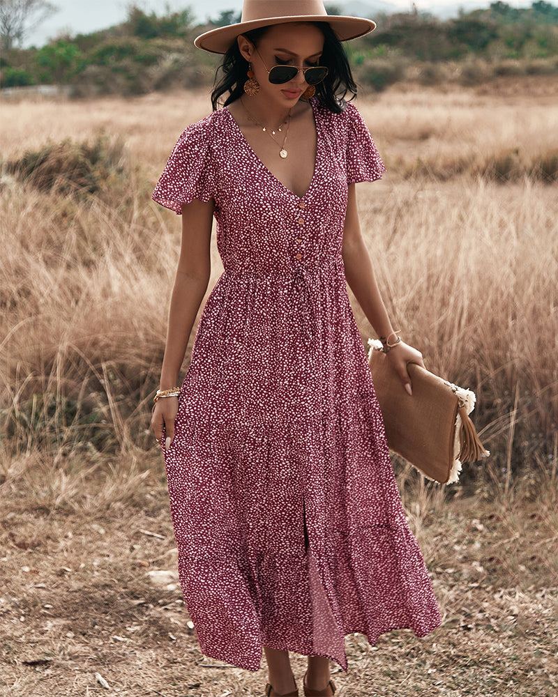 Polka Dot V Neck Side Split Button Up Midi Dress