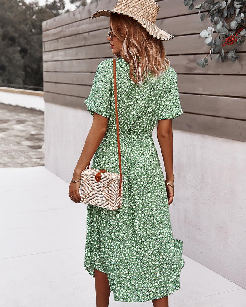 Short Sleeve Tie Waist V Neck Collar Midi Dress