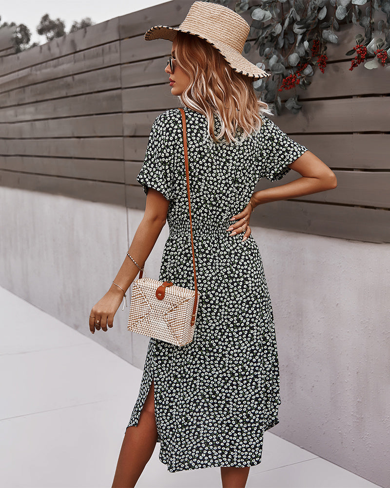 Short Sleeve Tie Waist V Neck Collar Midi Dress