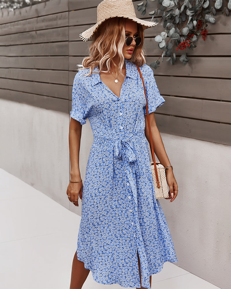 Short Sleeve Tie Waist V Neck Collar Midi Dress