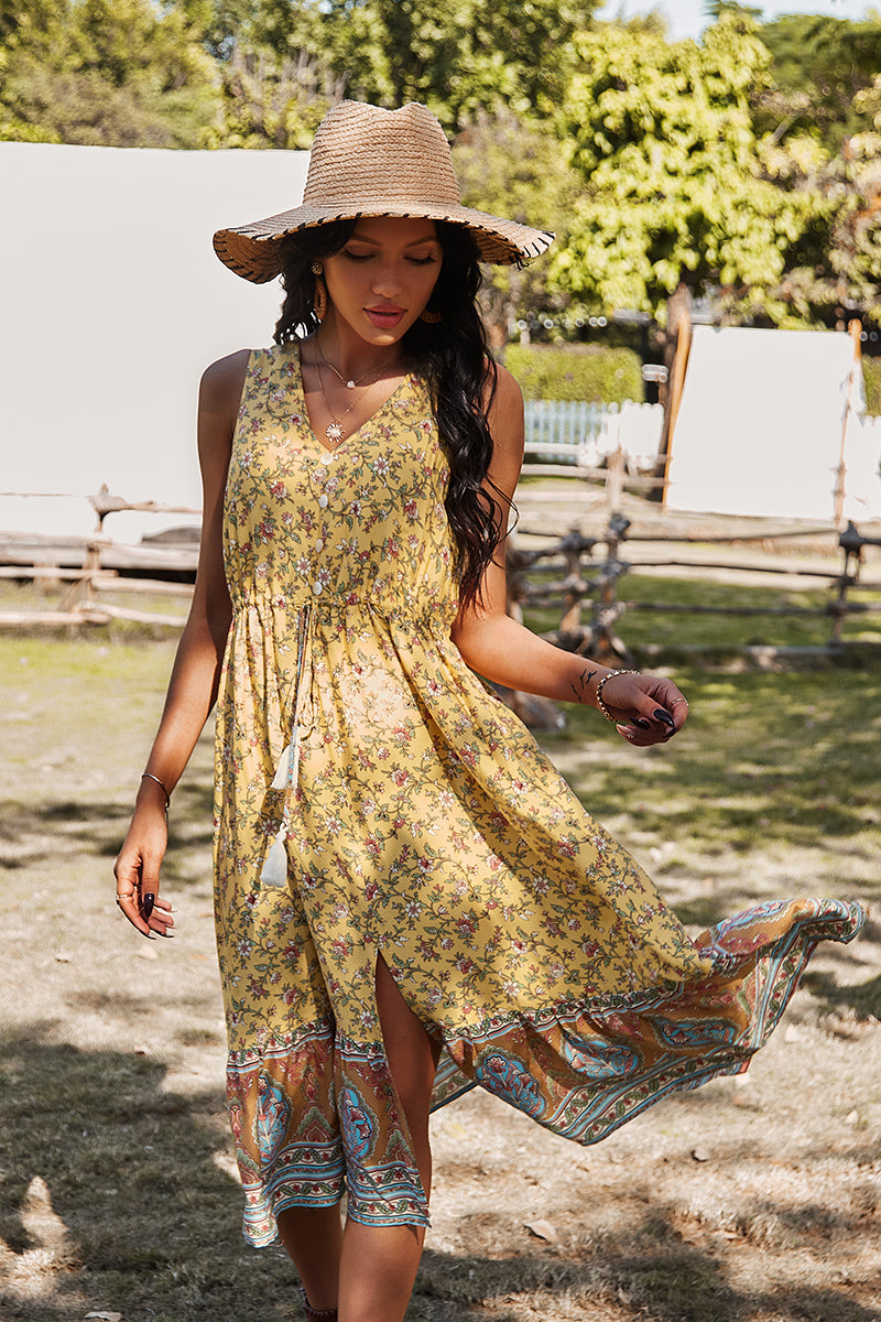 Sleeveless V Neck Flower Print Long Maxi Dress