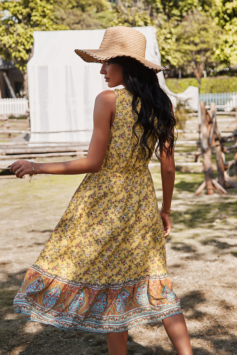 Sleeveless V Neck Flower Print Long Maxi Dress