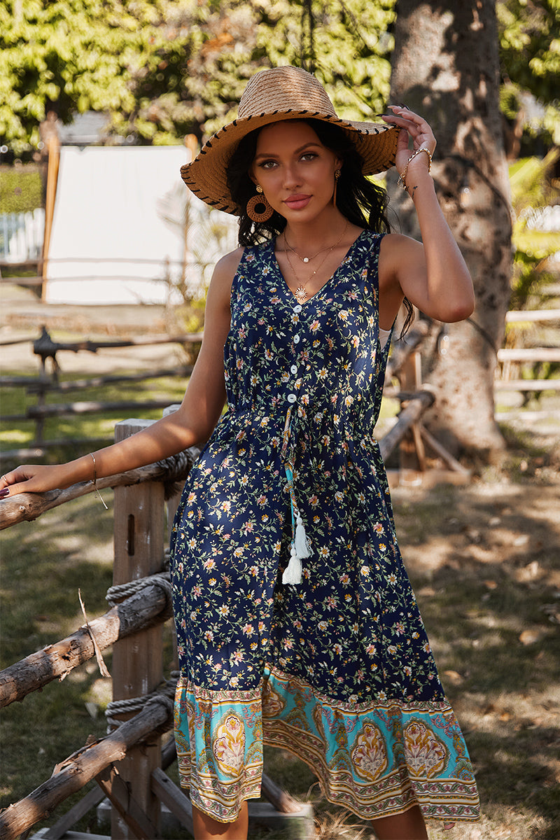 Sleeveless V Neck Flower Print Long Maxi Dress