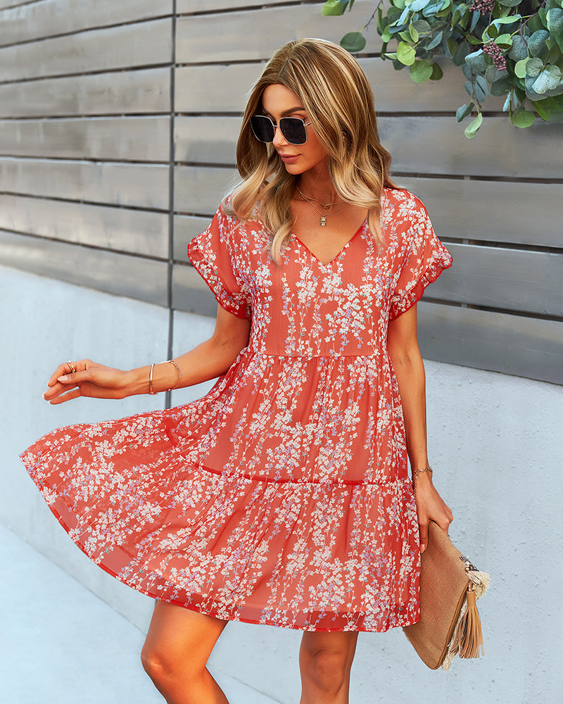 Short Sleeve Ruffle Flowy V Neck Mini Dress