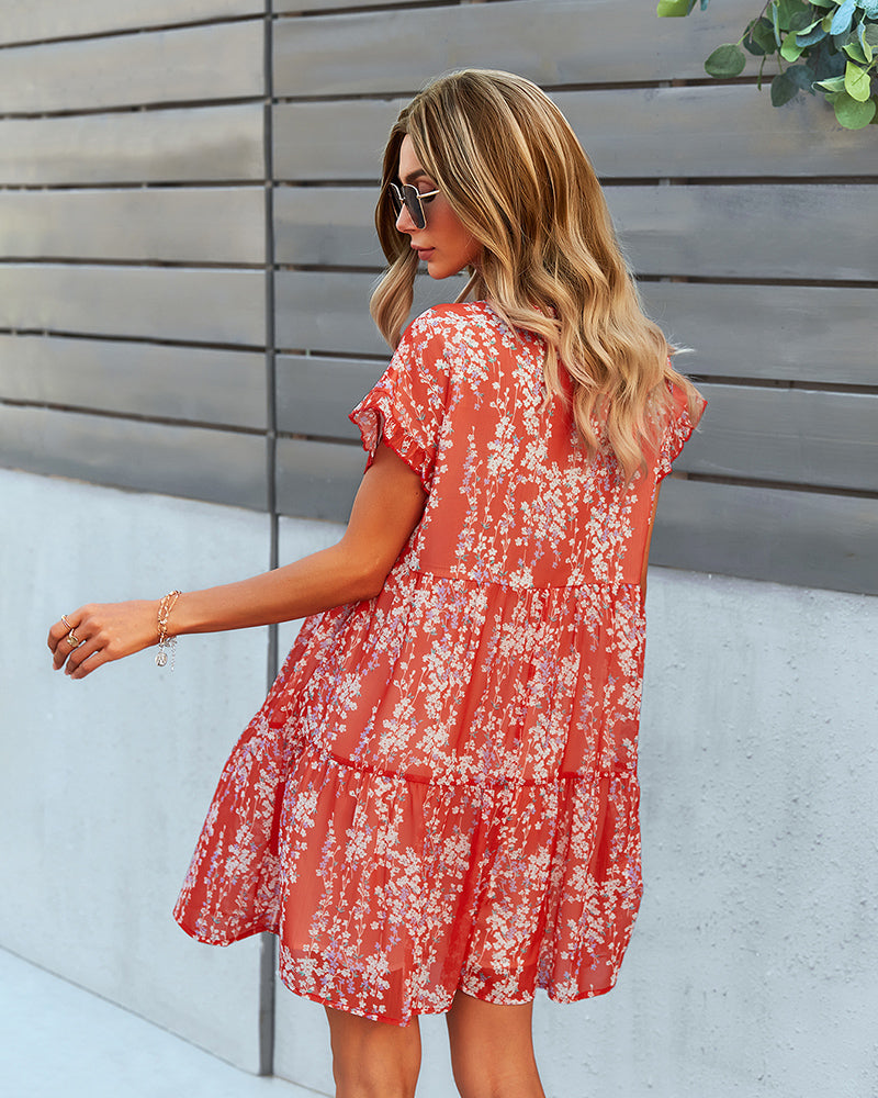 Short Sleeve Ruffle Flowy V Neck Mini Dress