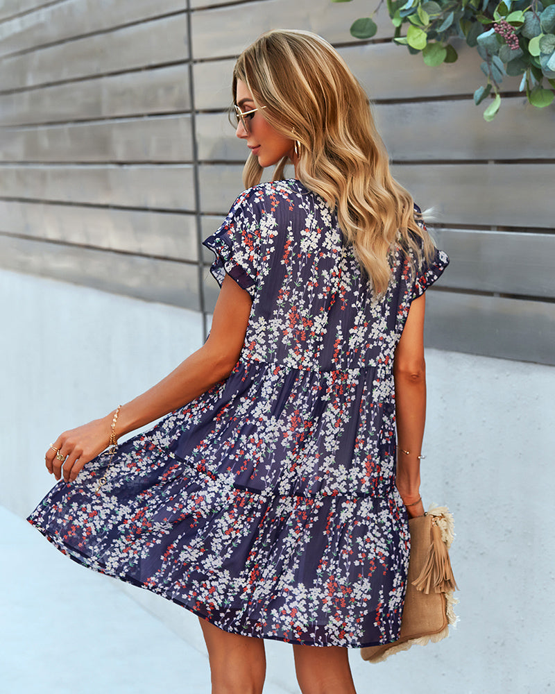 Short Sleeve Ruffle Flowy V Neck Mini Dress