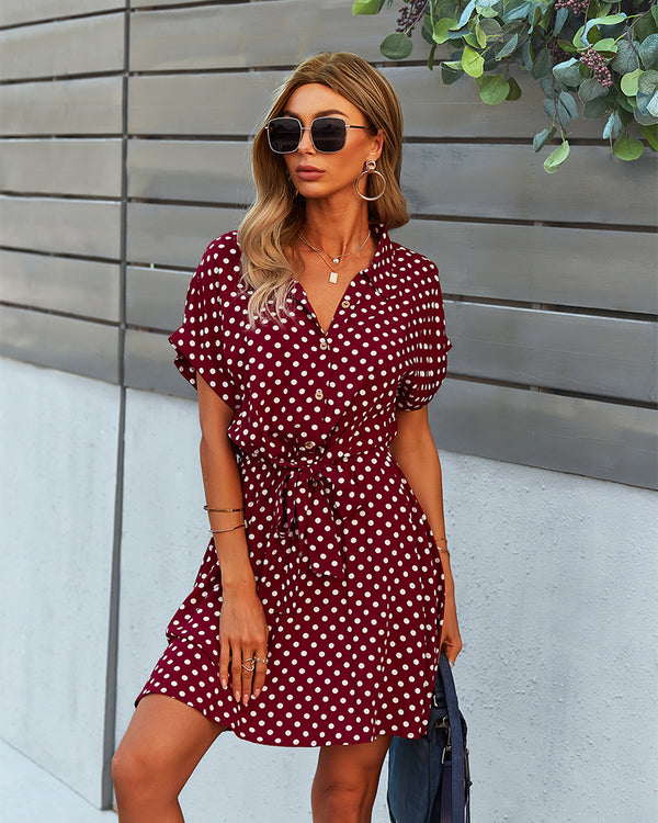 Polka Dot Tie Waist Collar Neck Mini Dress