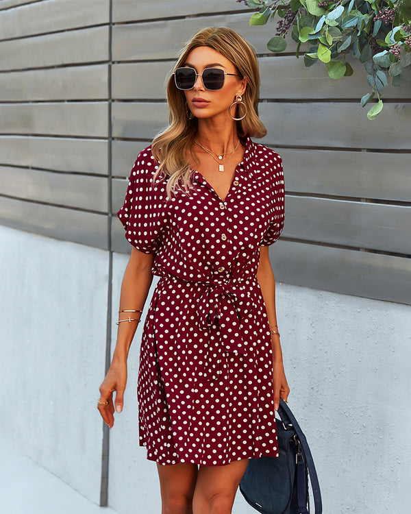 Polka Dot Tie Waist Collar Neck Mini Dress