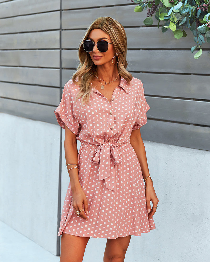 Polka Dot Tie Waist Collar Neck Mini Dress