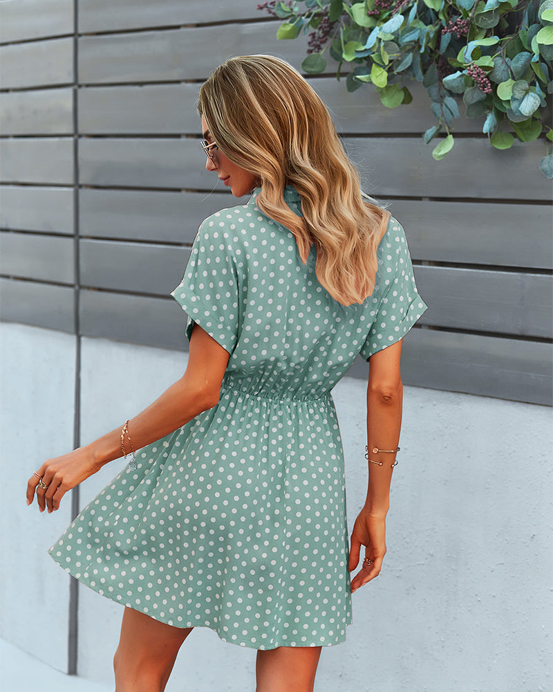 Polka Dot Tie Waist Collar Neck Mini Dress