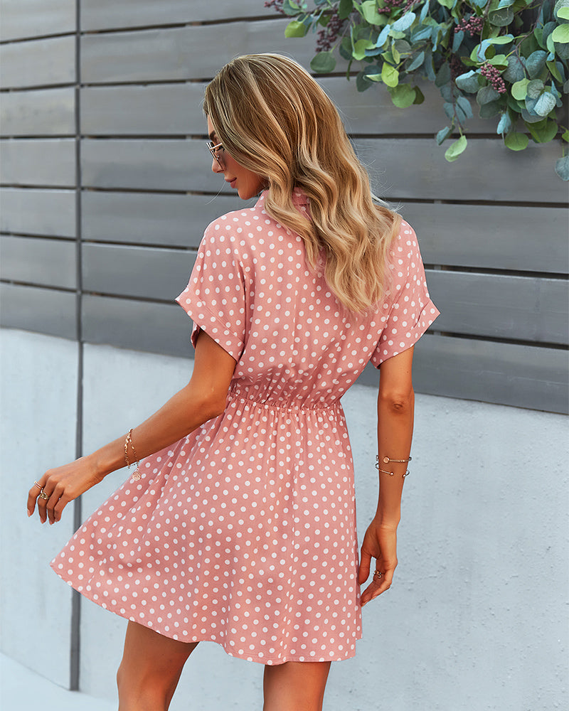 Polka Dot Tie Waist Collar Neck Mini Dress