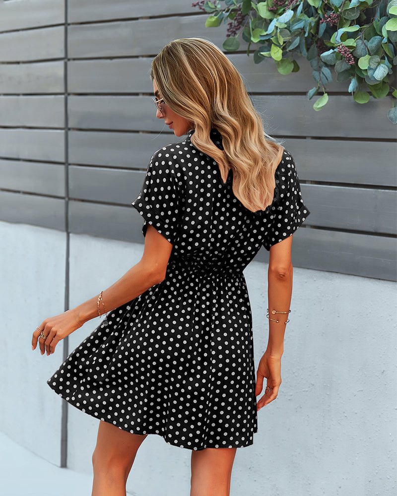 Polka Dot Tie Waist Collar Neck Mini Dress