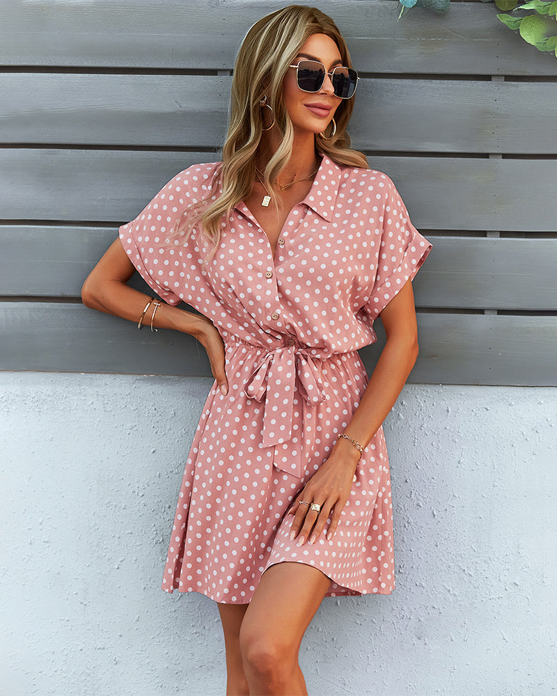 Polka Dot Tie Waist Collar Neck Mini Dress