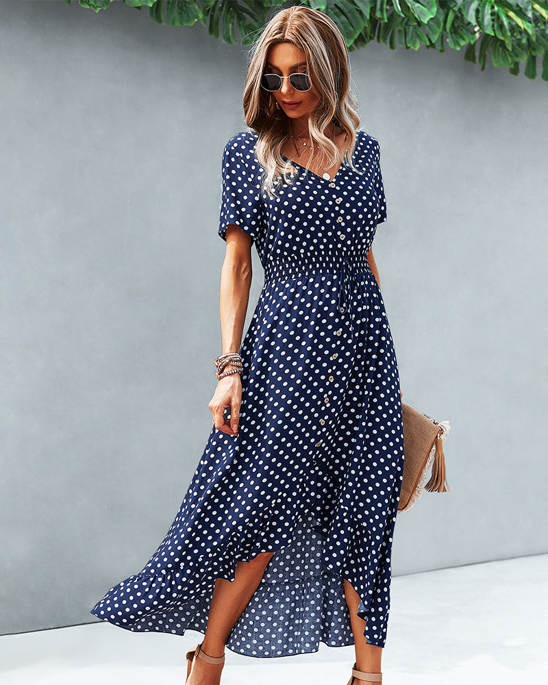 Button Down Polka Dot V Neck Short Sleeve High Low Maxi Dress