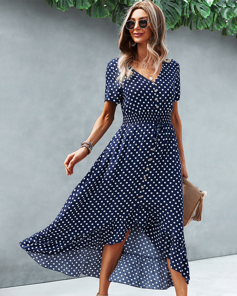 Button Down Polka Dot V Neck Short Sleeve High Low Maxi Dress