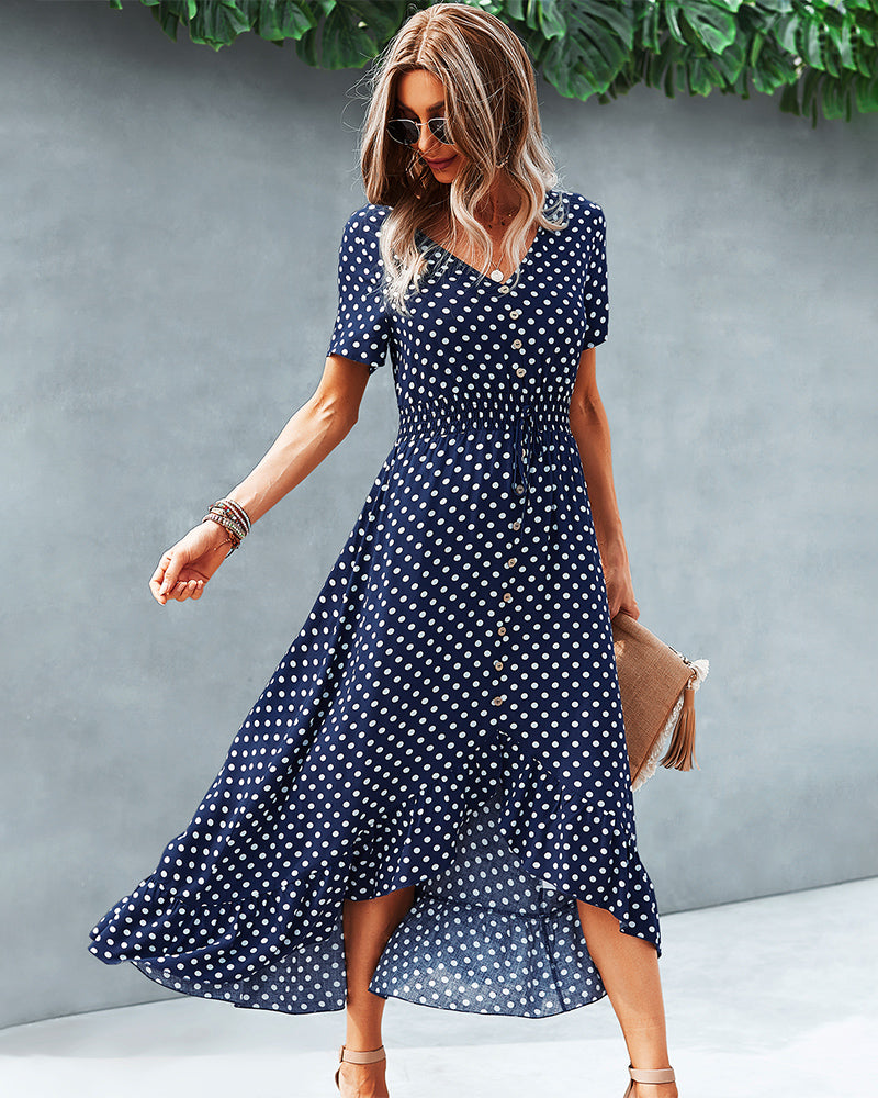 Button Down Polka Dot V Neck Short Sleeve High Low Maxi Dress