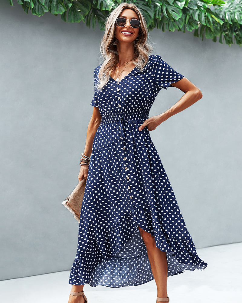 Button Down Polka Dot V Neck Short Sleeve High Low Maxi Dress